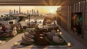 Terrace of a completed Atara island villa facing the shoreline