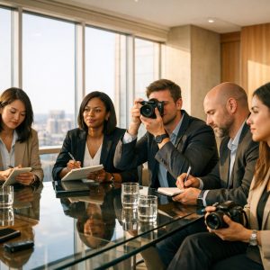 Sheraton branded residences in the news, group of journalists with cameras and notepads gathered inside a real estate office meeting room with floor to ceiling windows