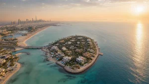 pearl jumeirah location on the Dubai coast, island off the Jumeirah shoreline at golden hour